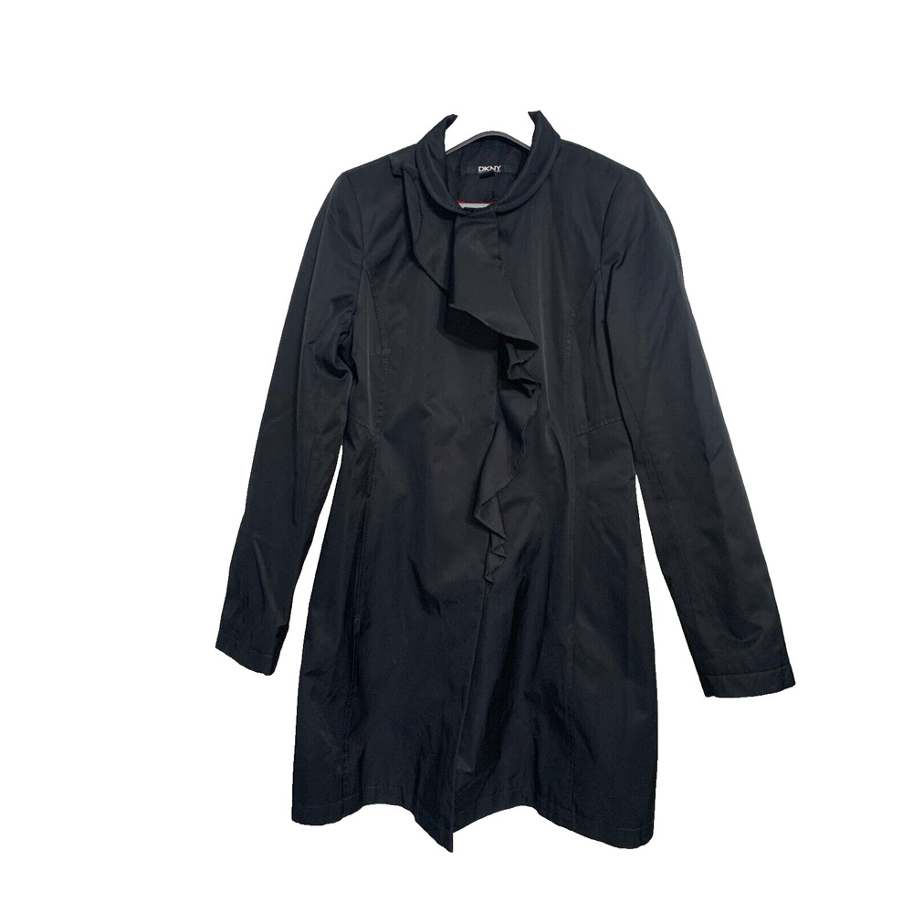 DKNY Black Trench Coat with‎ Snaps and Ruffle Front Size S red lining